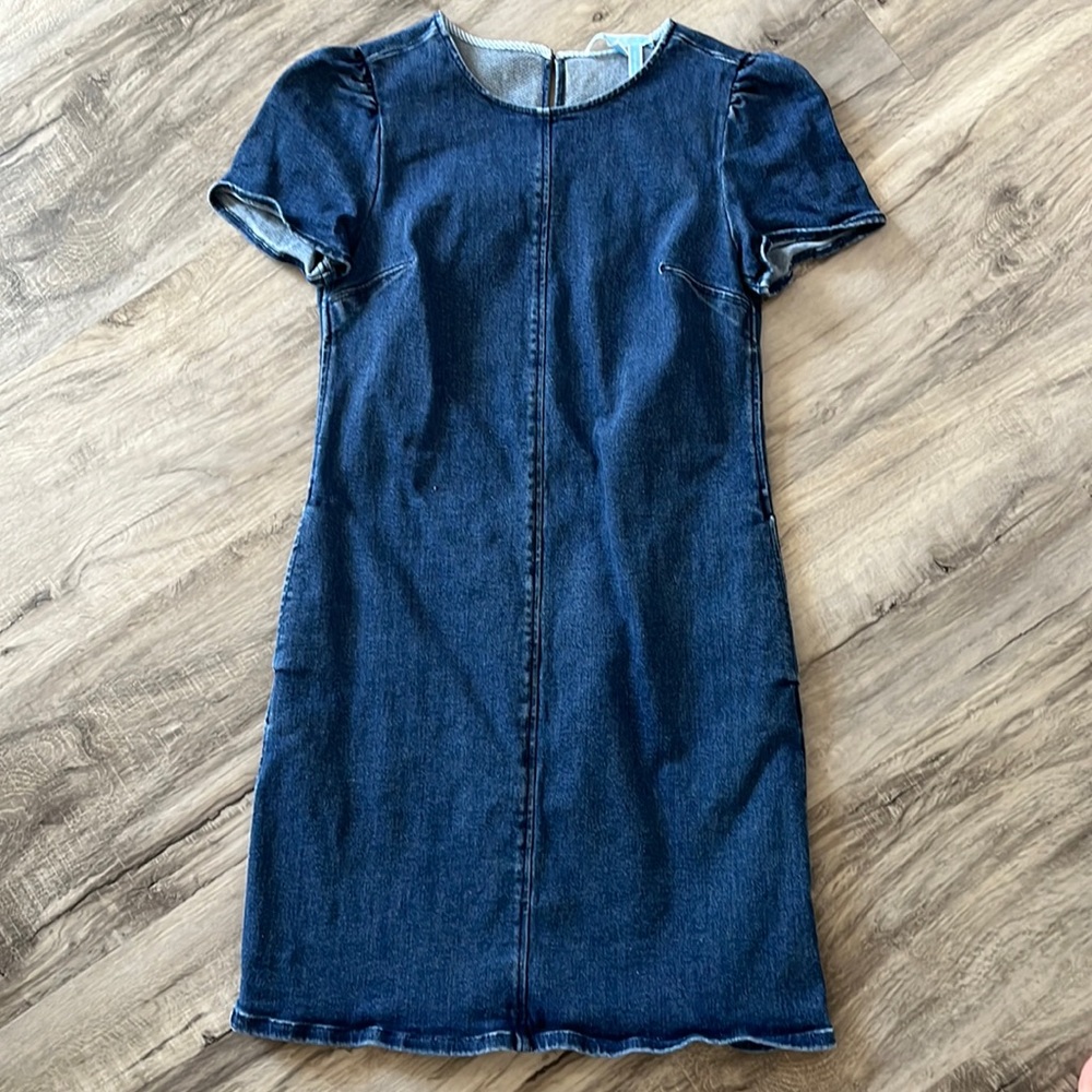 Draper James, Denim Blue Shift Puff Short Sleeve Stretch Pocket Jean Dress 2